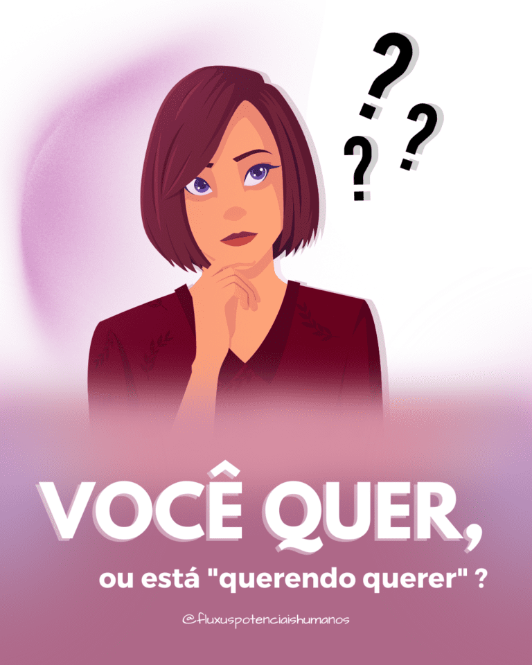 Mulher pensativa, com dúvidas. Pontos de interrogação. Fundo rosa. Texto: Você quer ou está querendo querer ?